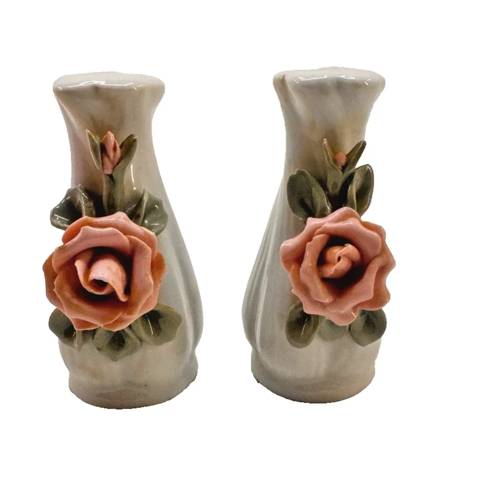 Vintage Pink Rose Salt Pepper Shakers Ceramic Floral Cottagecore Shabby Chic